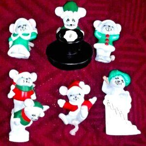 Set of 6 Mice Figurines Ceramic/Porcelain CUTE Holiday red green RARE Christmas